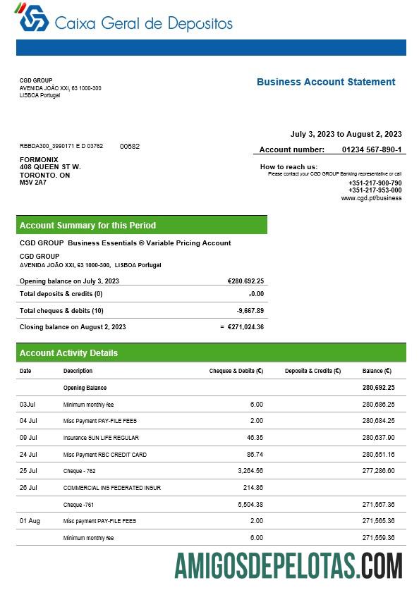 Realista Caixa Geral De Depósitos Business Bank Statement Word And PDF modelo
